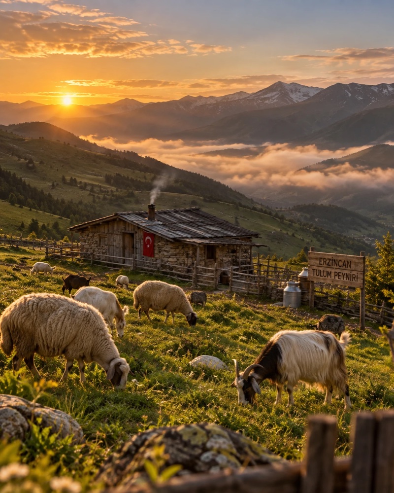 Erzincan yaylasında gün batımı, otlayan koyun ve keçiler